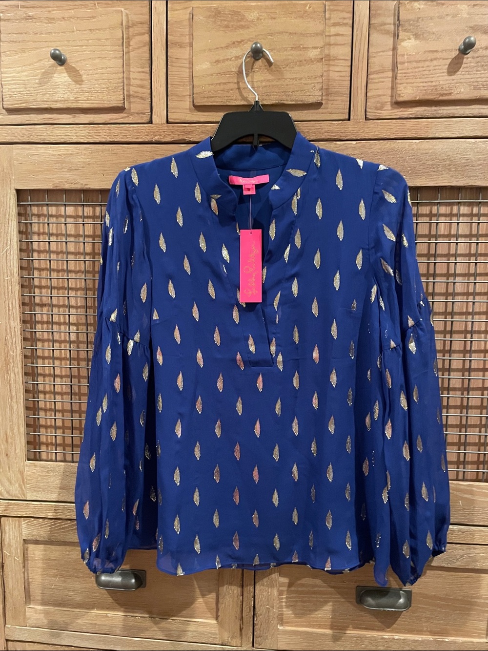 Lilly Pulitzer Royal Blue Blouse with Metallic Gold Teardrops